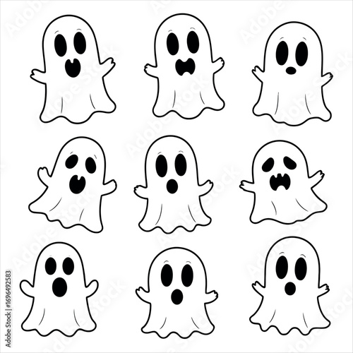 Vector art of a collection of nine cute ghosts in black and white