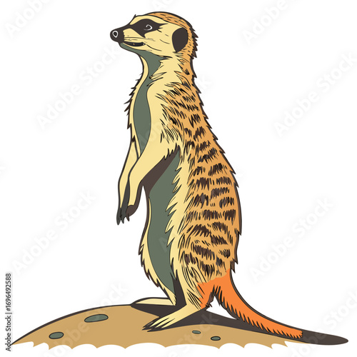 Meerkat standing upright on a sandy mound