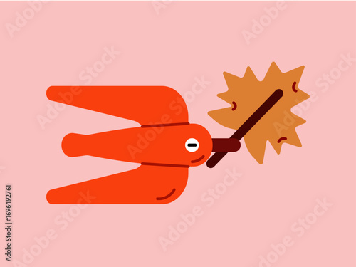 Cute autumn bird. Bird with maple leaf. Autumn mood. Bird character. Autumn. 