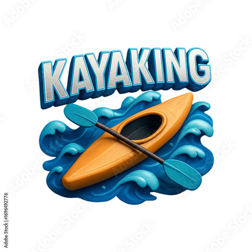 Orange kayak with blue paddle in water isolated on transparent background