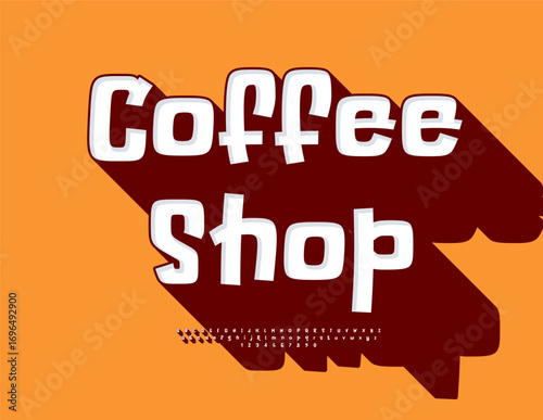 Vector Artistic Promotion Coffee Shop. Playful White Font with Big Brown Shadow. Bright Comic 3D Alphabet Letters and Numbers set.