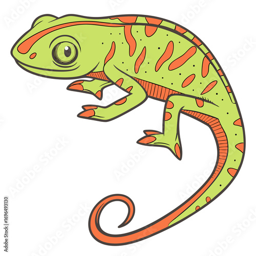 Cute green chameleon with orange spots