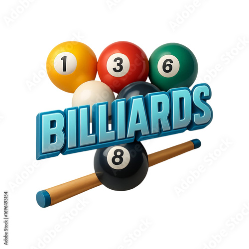 Billiards game balls and cue stick isolated on transparent background