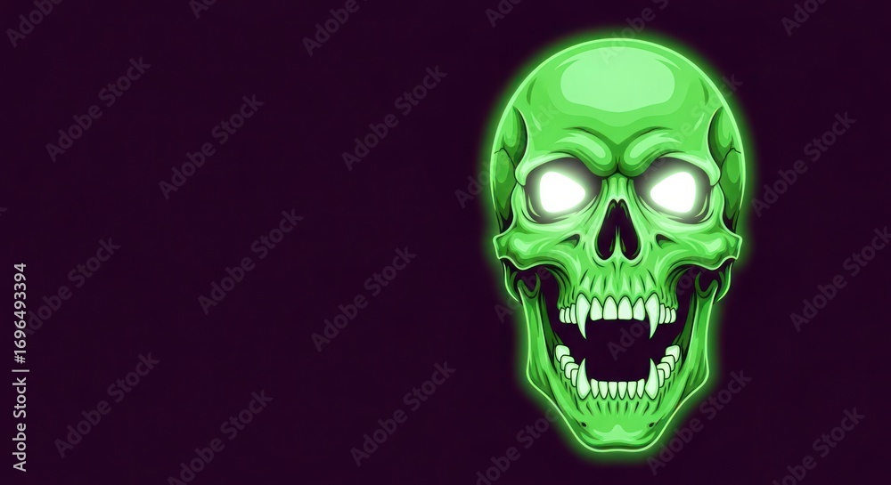 Fototapeta premium Glowing green skull with sharp teeth on a dark purple background