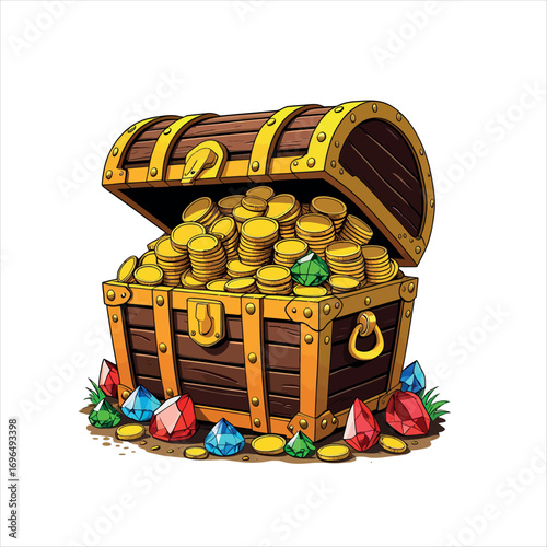 Vector art of treasure chest filled with gold coins and gems