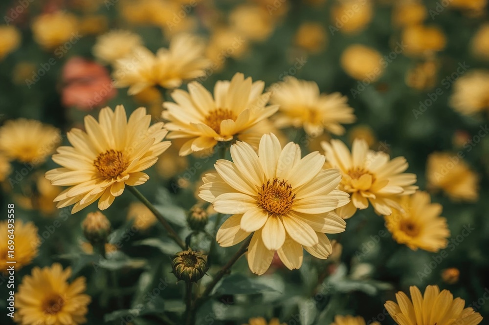 Fototapeta premium Yellow flowers with a soft-focus backdrop
