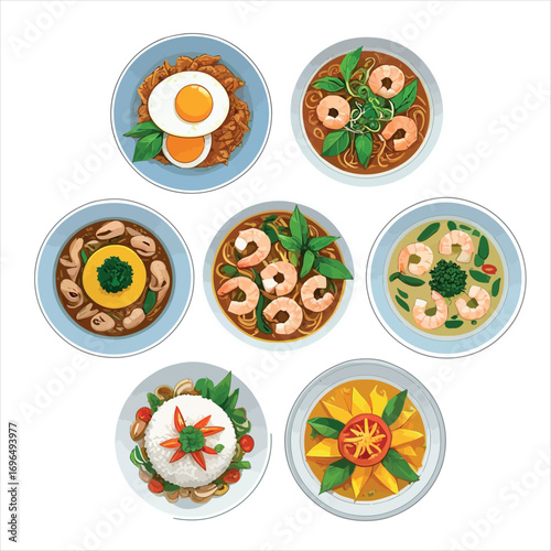 Vector art of various types of thai food dishes, top view vector illustration