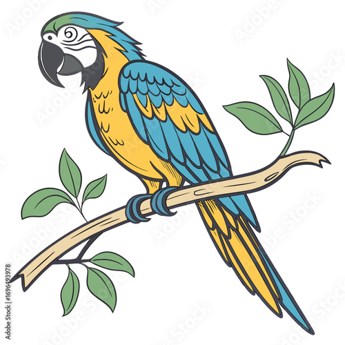 A colorful blue and yellow macaw parrot perched on a branch