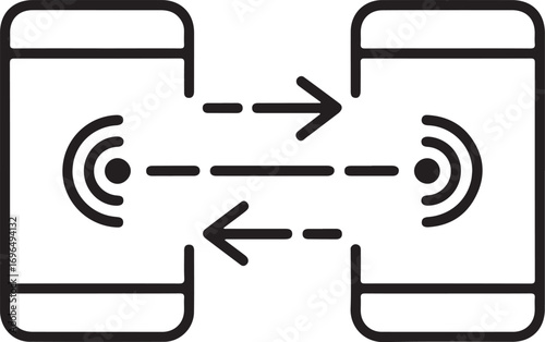 Two smartphones exchanging data wirelessly with signal icons