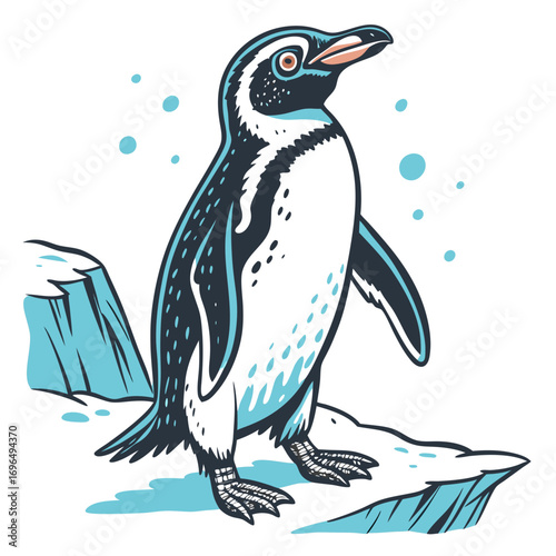 Cute penguin standing on ice with blue background elements