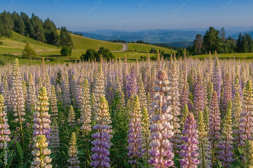 Obraz premium Lush lupin flowers thriving in a colorful scenery