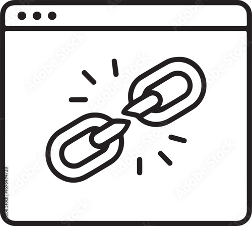 Broken link icon inside a browser window representing website error