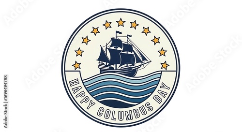 Celebrating Columbus Day with Nautical Ship Emblem Featuring Stars and Waves
