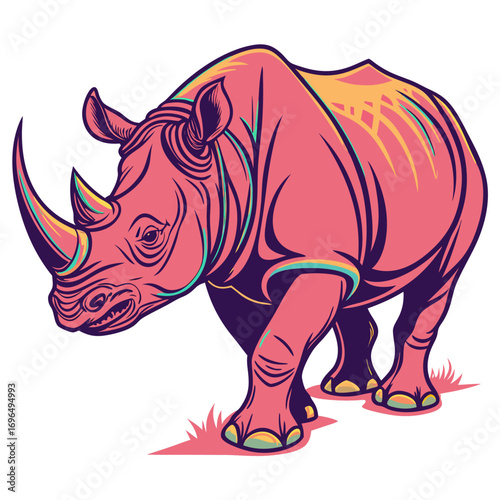 Stylized illustration of a pink rhinoceros with colorful accents