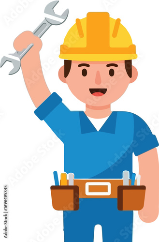 Construction Worker in Safety Gear Holding Wrench and Smiling with Toolbox for Skilled Labor and