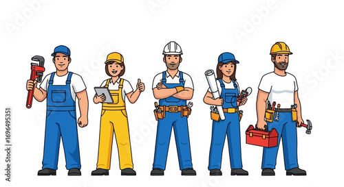 Diverse group of construction workers in safety gear standing confidently against a black background