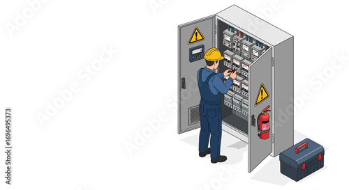 Electrical technician inspecting a control panel with safety warning signs and equipment in a
