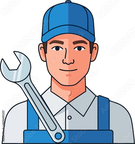illustration of a young male mechanic with uniform and wrench on digital background