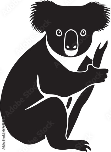 Adorable Black and White Koala Bear Illustration Clinging to a Branch Australian Wildlife Icon Design