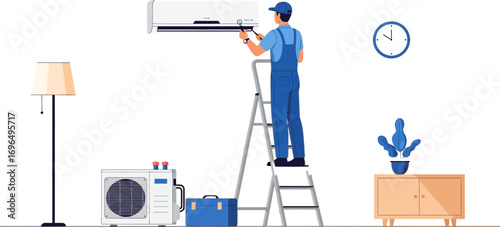 Technician Installing or Maintaining Air Conditioning Unit Inside a Modern Living Room with