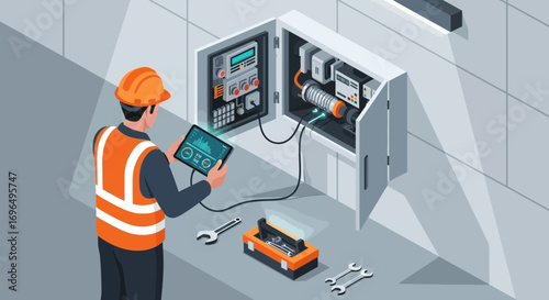 Technician performing maintenance on electrical control panel with digital tools in a modern