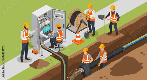 Underground Utility Installation and Maintenance Workers Setting Up Electrical Cables Digital