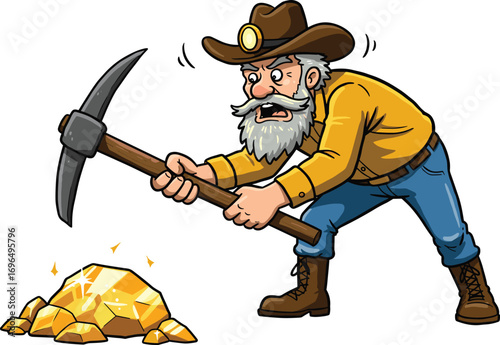 Cartoon gold miner character, prospector digging with pickaxe, old man striking gold, treasure hunting illustration, vintage mining scene, cartoon western exploration vector image