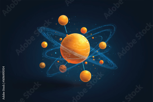 Abstract atom model with orbiting electrons and energy trails on a dark blue background design
