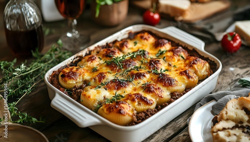 Wallpaper Mural Homemade potato gratin with melted cheese and herbs in white ceramic baking dish, rustic wooden table setting with fresh ingredients and red wine. Torontodigital.ca