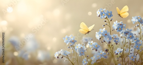 Beautiful spring meadow with blue forget-me-not flowers and yellow butterflies on a blurred