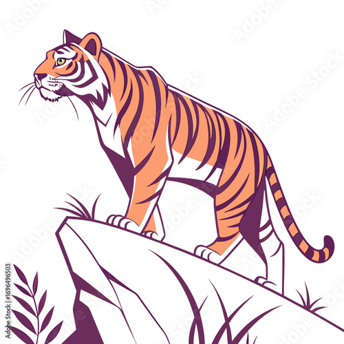 Stylized illustration of a tiger standing on a rock