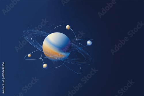 Abstract depiction of a planet with orbiting moons and rings on a dark blue gradient background vector illustration