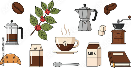 Collection of coffee-related items and ingredients, perfect for cafe or breakfast themes.