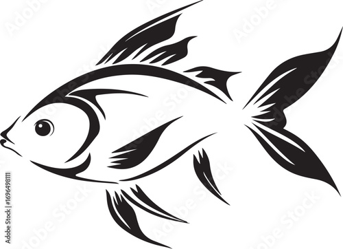 Elegant Black and White Fish Illustration Aquatic Creature Design Serene Marine Life Symbol Detailed Fish Art Graphic Representation of Underwater World