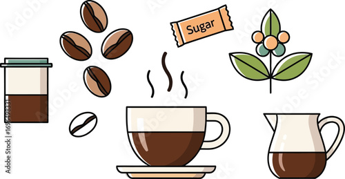 A delightful coffee break with steaming hot beverage, beans, sugar, and cream.