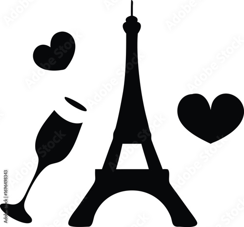 Stylized Eiffel Tower Croissant and Wine Glass Silhouette on White Background Paris