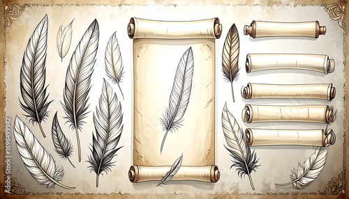 Vintage scrolls and feathers