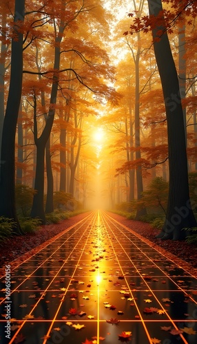 Autumn Forest with Glowing Path at Sunset
