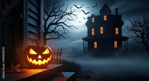 Spooky halloween night with haunted house pumpkin and full moon scene
