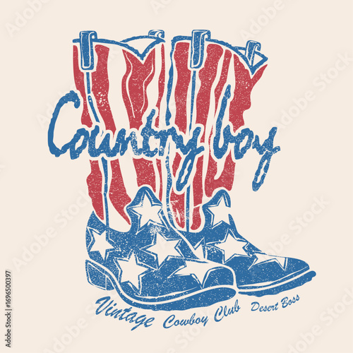 Vintage retro illustration featuring cowboy boots with American flag stars and stripes design, western lifestyle collections, rodeo events, vintage country fashion. perfect for t-shirt design, posters