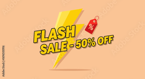 Eye-catching promotional graphic highlighting a 50 percent discount with a lightning bolt design