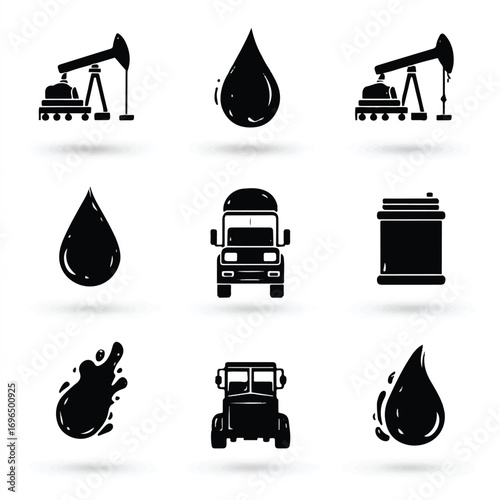Black and white oil industry vector illustration including oil pumps trucks drops and barrel icons