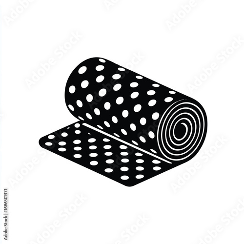 Black and white polka dot yoga mat partially rolled up graphic representation for exercise and wellness