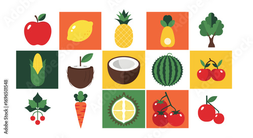 A colorful assortment of fresh fruits and vegetables in a grid layout