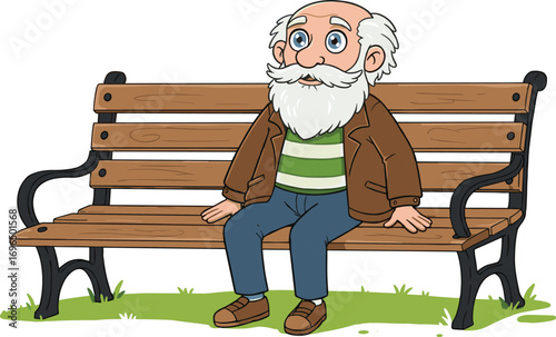 Cartoon illustration of elderly man with white beard sitting on wooden park bench, wearing jacket, striped shirt, and loafers, outdoor