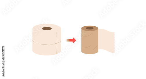 Illustrative comparison showing a standard toilet paper roll next to a slightly unrolled toilet paper roll symbolizing usage and replenishment