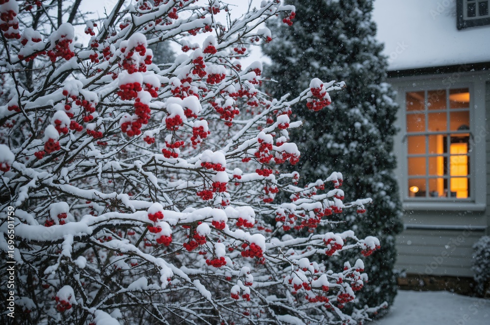 Obraz premium Snow-covered tree branches adorned with red berries and festive decorations