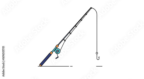 A simple illustration of a fishing rod with reel and hook dangling ready for action outdoors