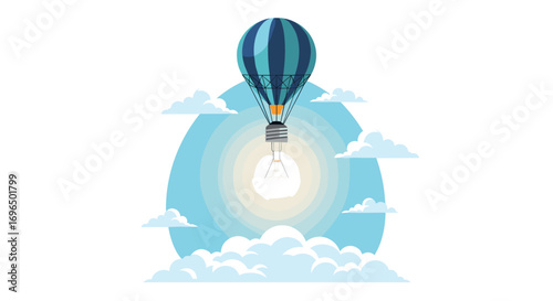 A bright glowing light bulb ascends in a hot air balloon through fluffy clouds symbolizing innovation and new ideas