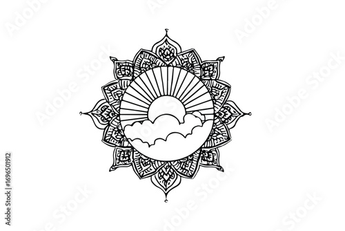 Black and white sun cloud mandala illustration vector design suitable for coloring pages relaxing patterns